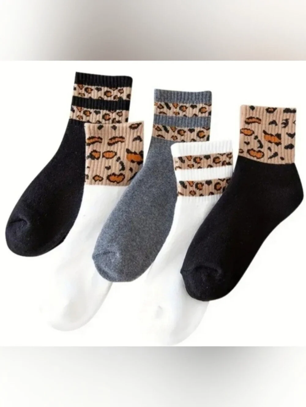 Leopard Womens Fashion Socks White Black&Grey One Size Breathable BNWT 6 Pairs